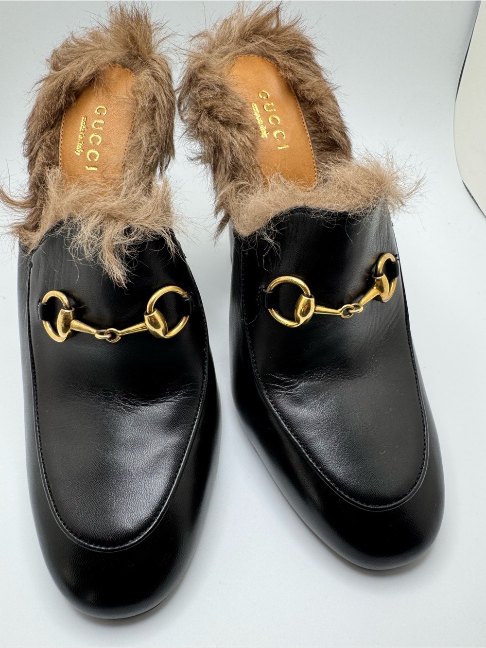 Gucci Princetown Fur Mules Black Leather Horsebit Heels 37 - Picture 15 of 16